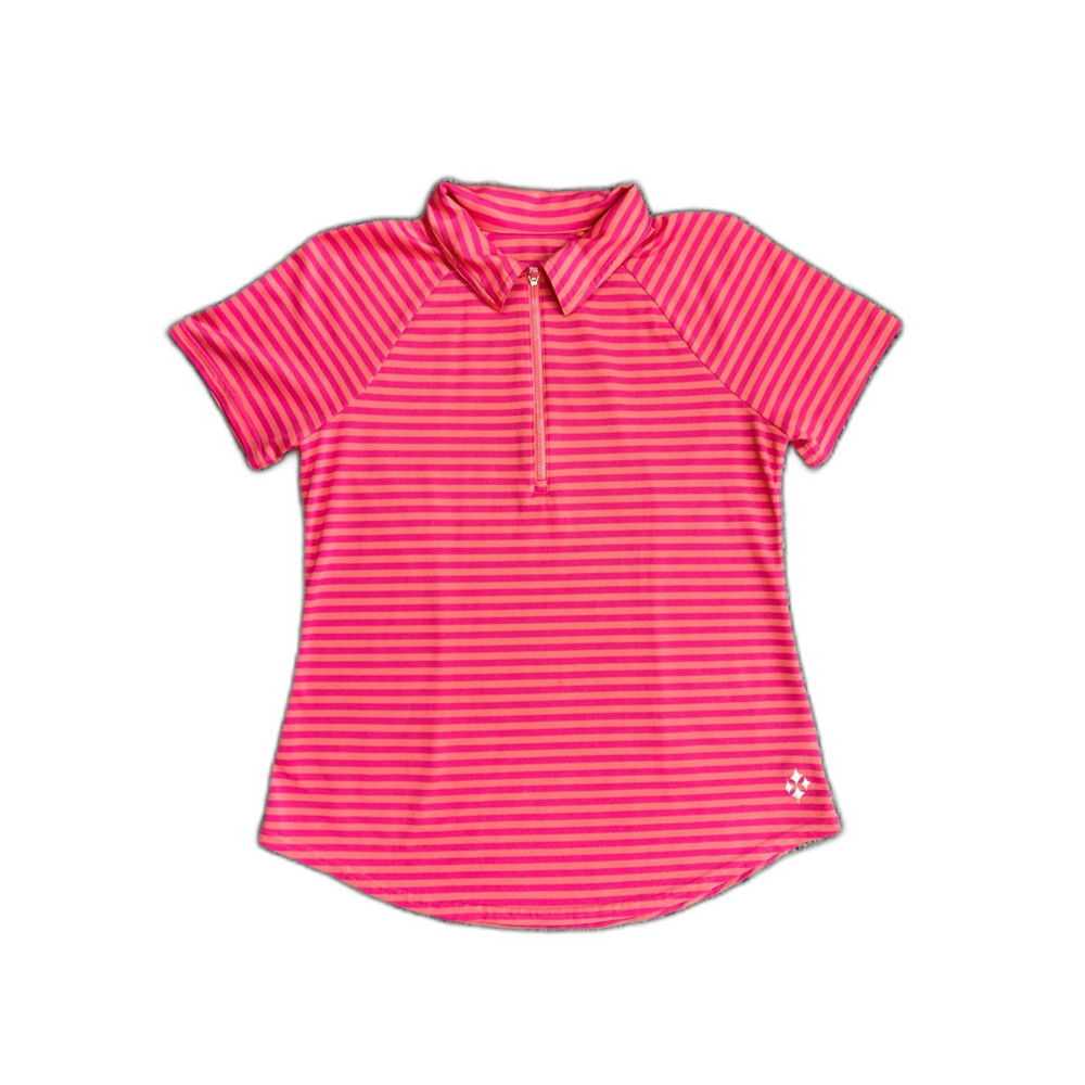 Jofit Womens NWOT Pink Coral Striped Performance 1/4 Zip SS Golf Polo Shirt Sz M - Picture 2 of 10